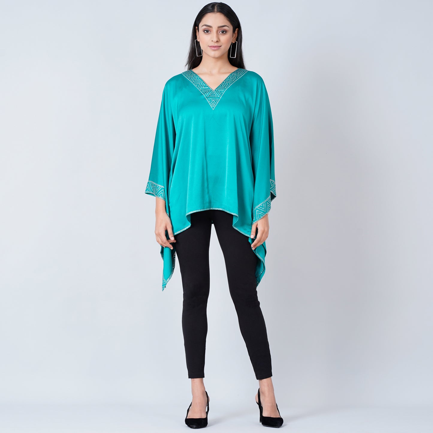 Teal Blue Embellished Kaftan Top