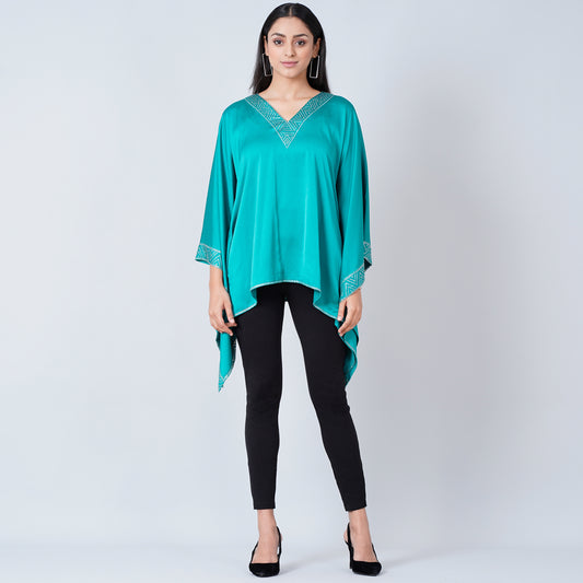 Teal Blue Embellished Kaftan Top