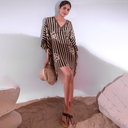 Black and Caramel Embellished Floral Frill Kaftan Tunic