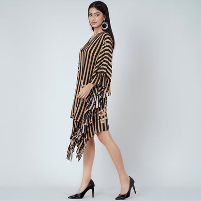 Black and Caramel Embellished Floral Frill Kaftan Tunic
