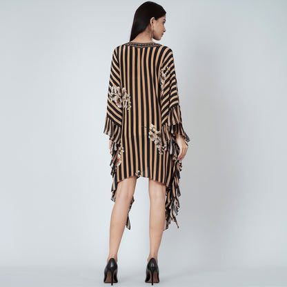 Black and Caramel Embellished Floral Frill Kaftan Tunic