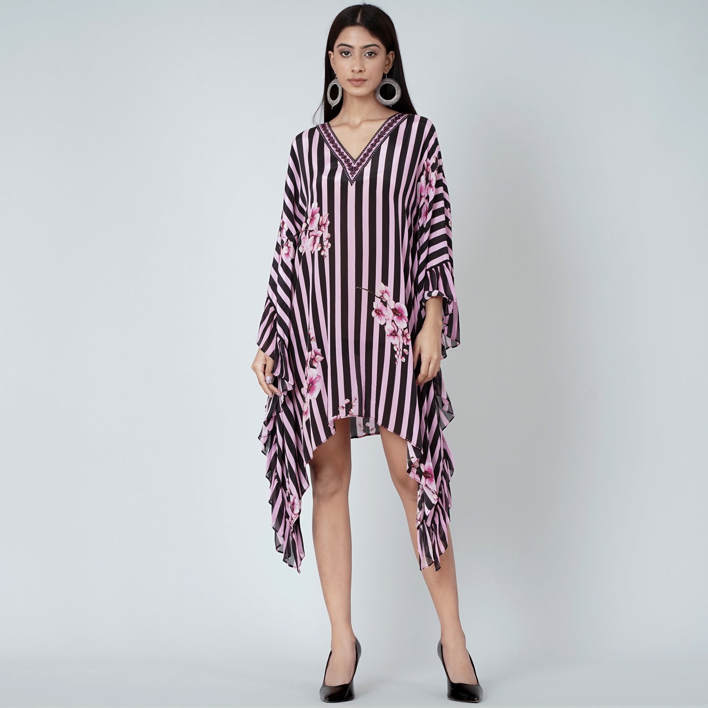 Black and Pink Embellished Floral Frill Kaftan Tunic