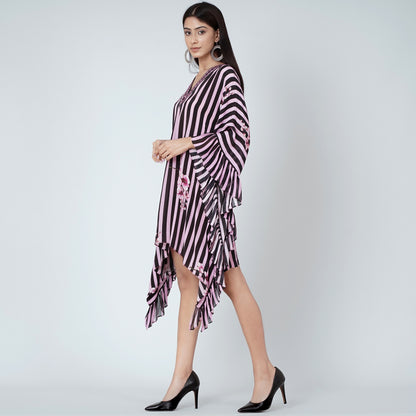 Black and Pink Embellished Floral Frill Kaftan Tunic