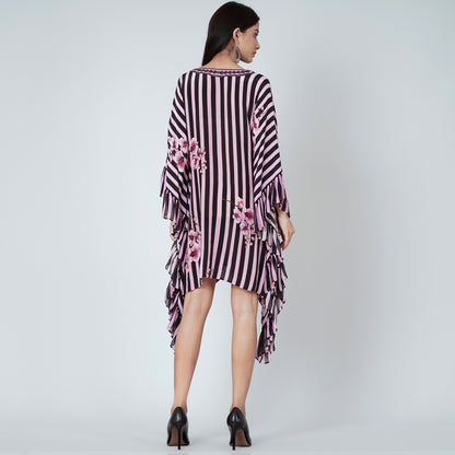Black and Pink Embellished Floral Frill Kaftan Tunic