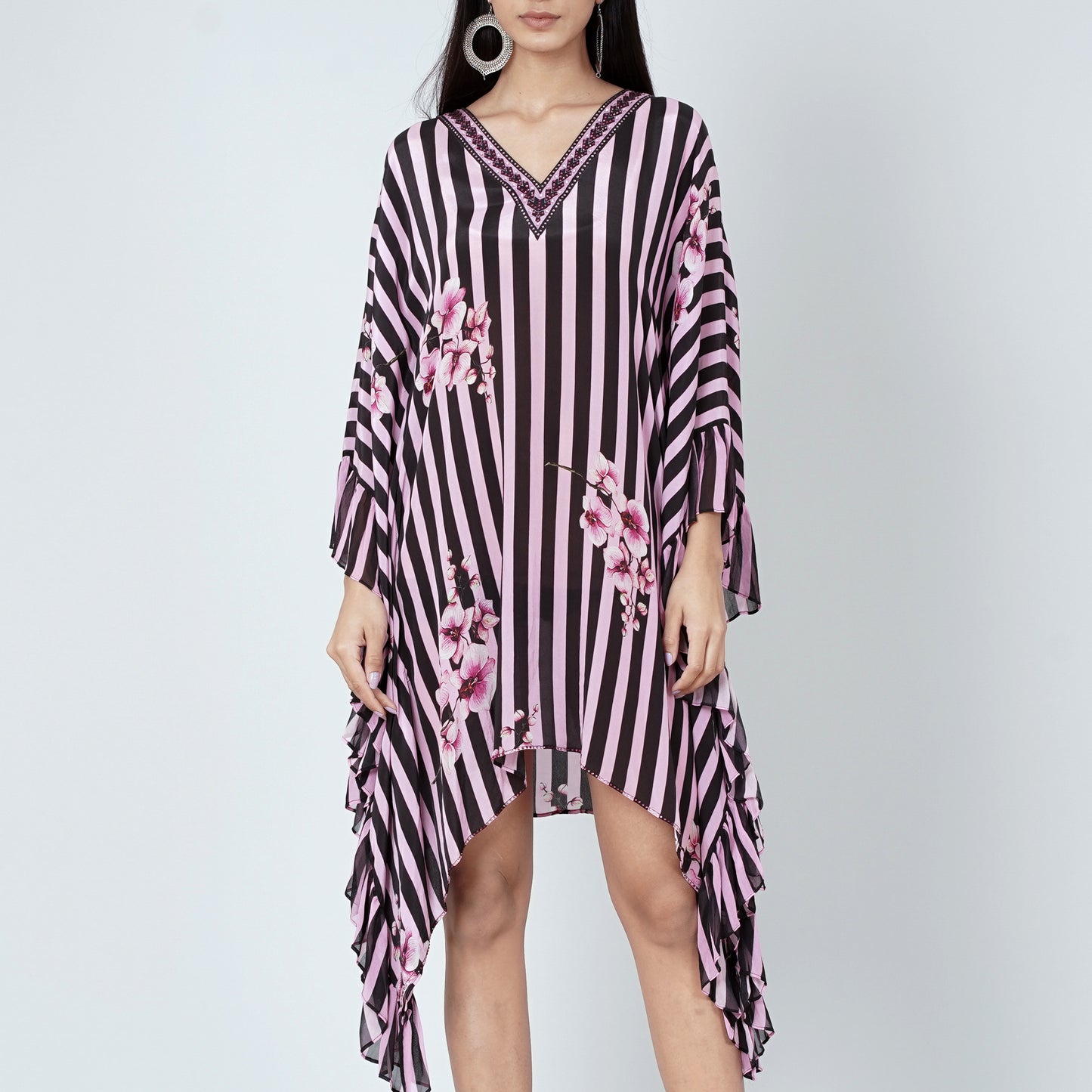 Black and Pink Embellished Floral Frill Kaftan Tunic