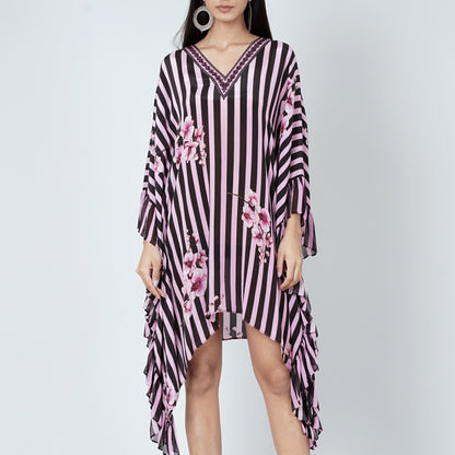 Black and Pink Embellished Floral Frill Kaftan Tunic