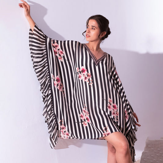 Black and White Embellished Floral Frill Kaftan Tunic