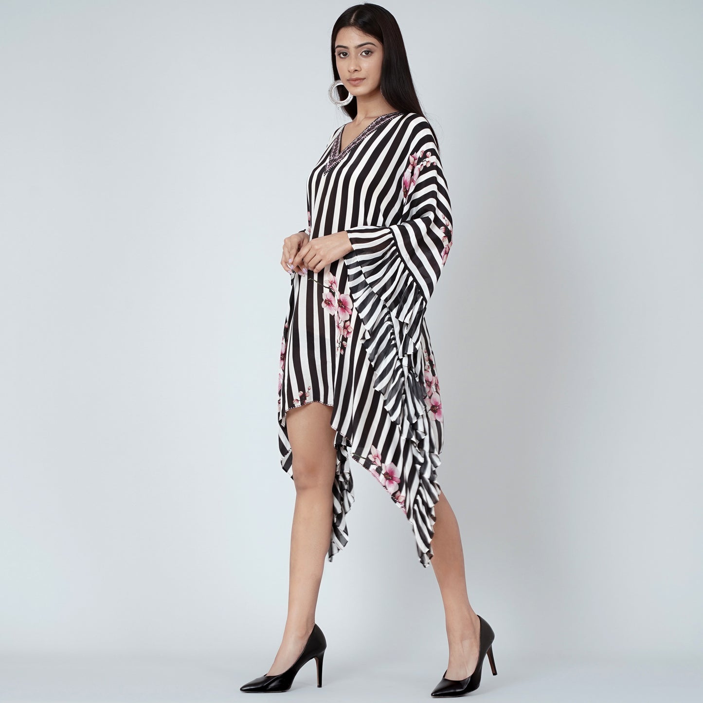 Black and White Embellished Floral Frill Kaftan Tunic