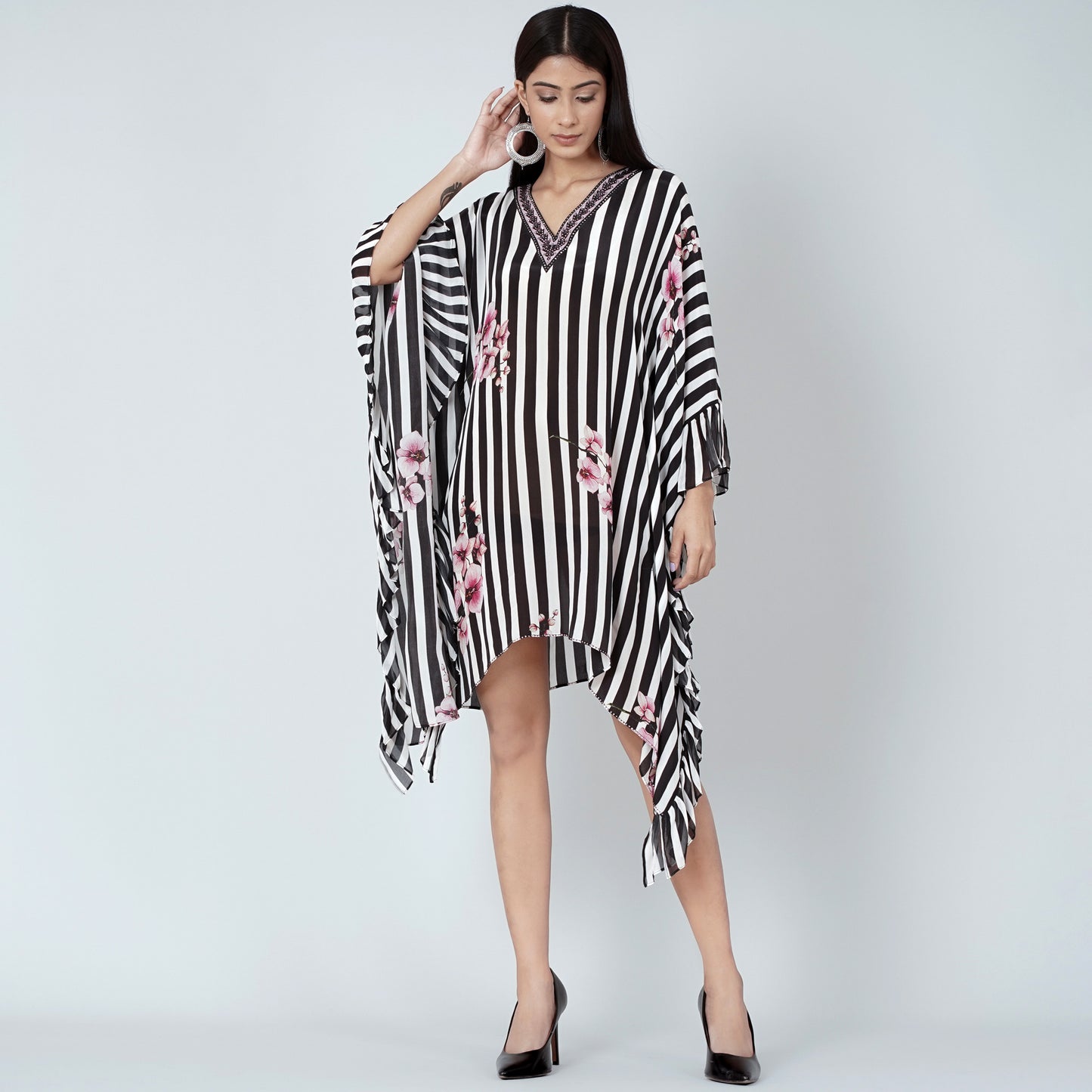 Black and White Embellished Floral Frill Kaftan Tunic