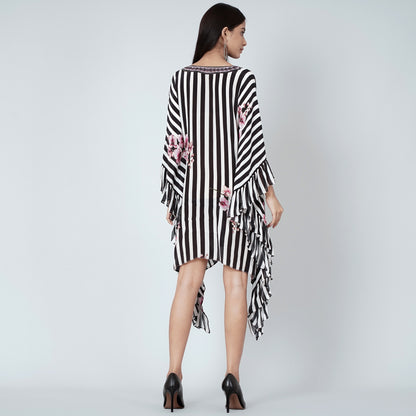 Black and White Embellished Floral Frill Kaftan Tunic