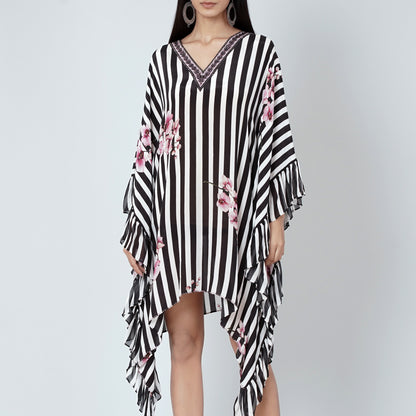 Black and White Embellished Floral Frill Kaftan Tunic