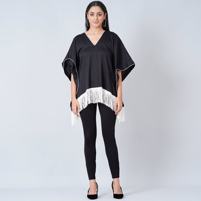 Black Kaftan Top with White Fringe