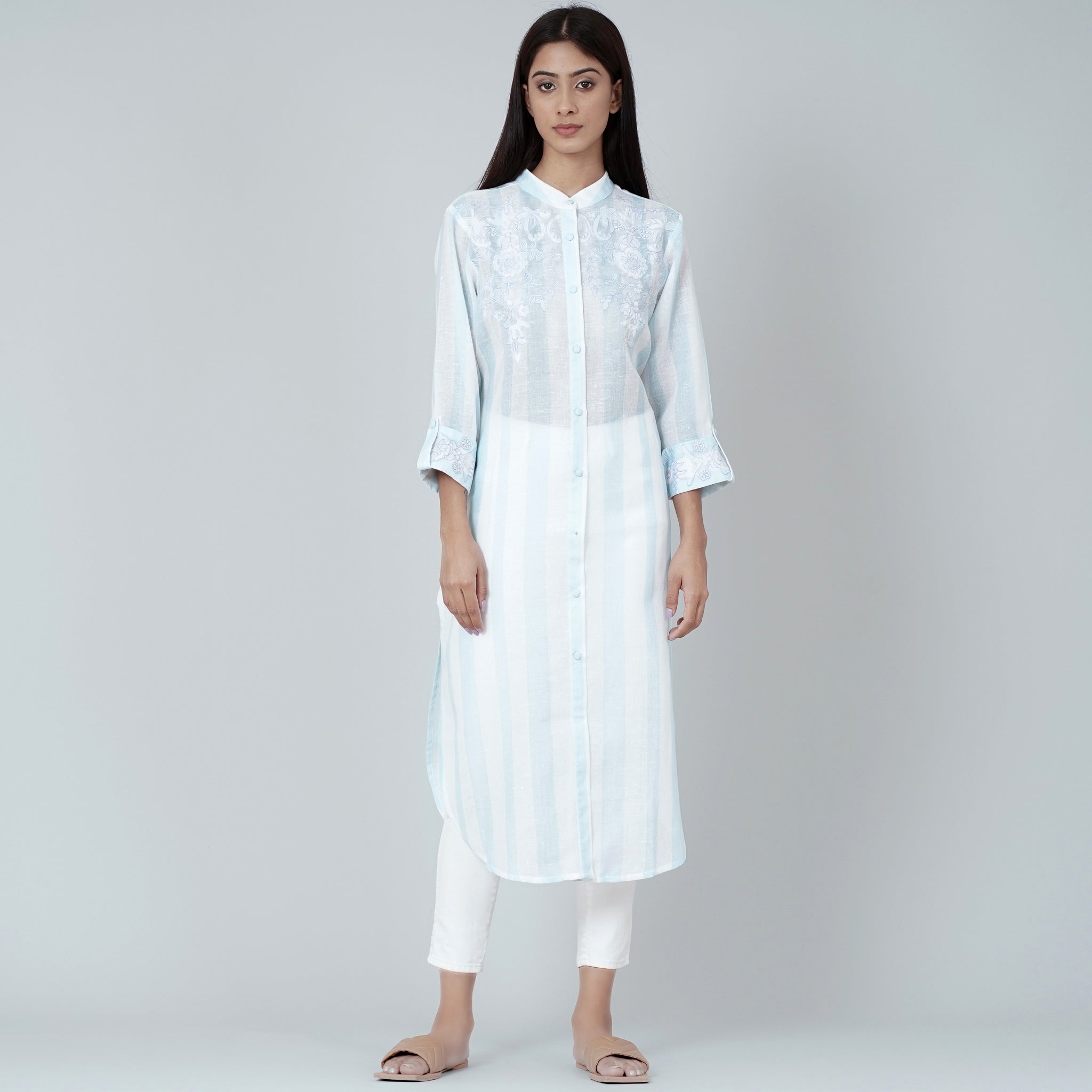 Multicolor Collar Down Button Shirt Dress Type Kurti For Women - CLOTH HAUS  - 4057213