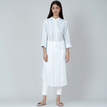 White and Blue Embroidered Shirt Style Kurti