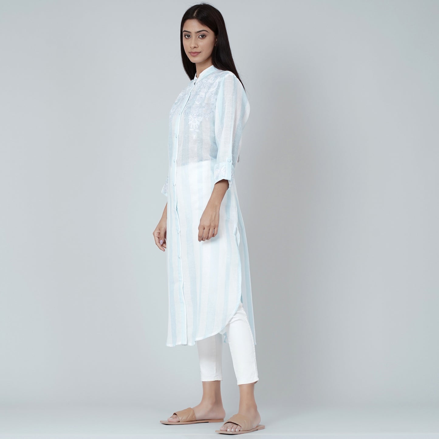 White and Blue Embroidered Shirt Style Kurti
