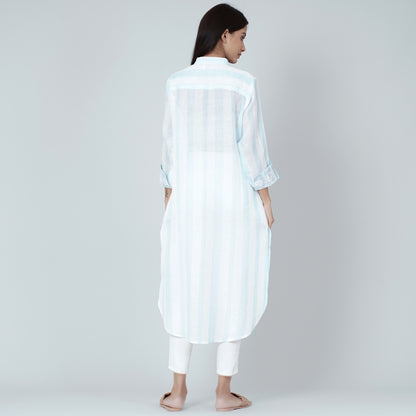White and Blue Embroidered Shirt Style Kurti