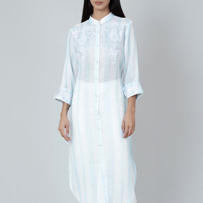 White and Blue Embroidered Shirt Style Kurti