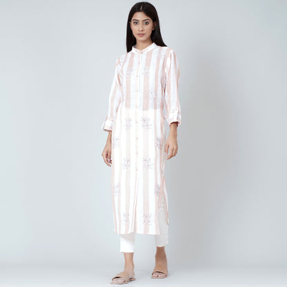 White and Rust Embroidered Shirt Style Kurti