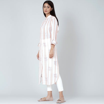 White and Rust Embroidered Shirt Style Kurti