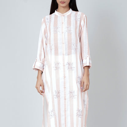 White and Rust Embroidered Shirt Style Kurti