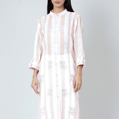 White and Rust Embroidered Shirt Style Kurti