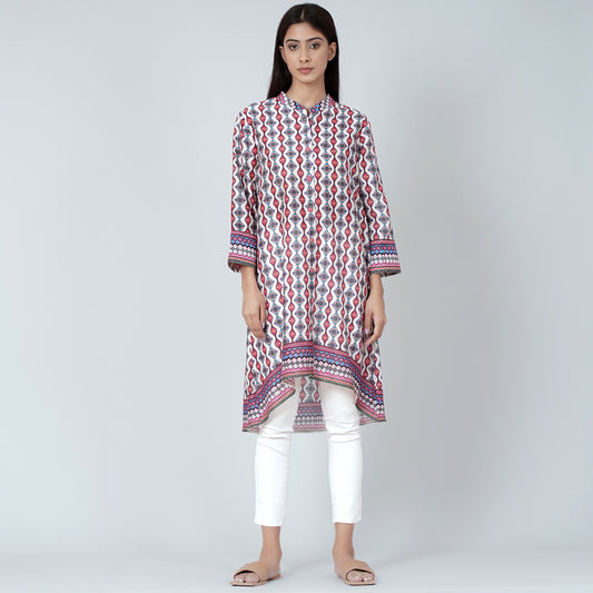 Multicoloured Asymmetrical Paisley Print Shirt Style Kurti