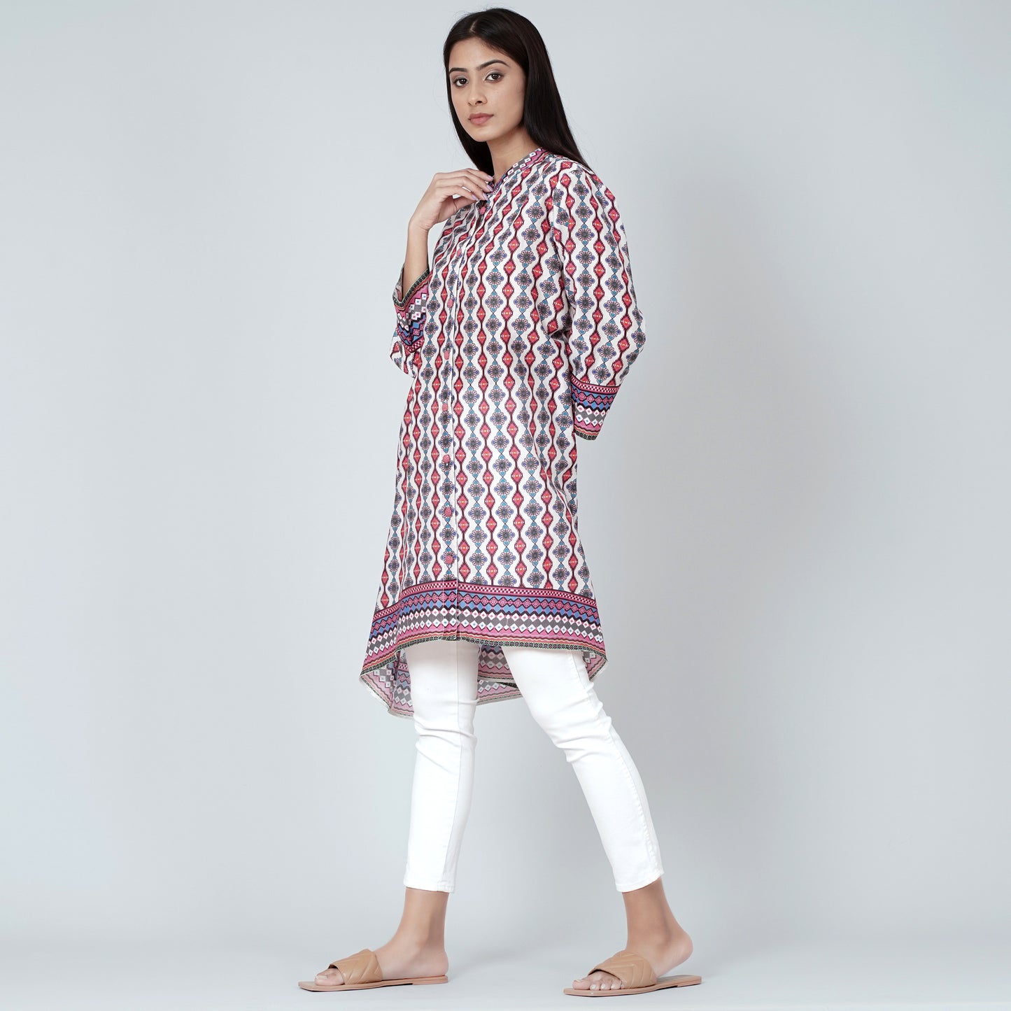 Multicoloured Asymmetrical Paisley Print Shirt Style Kurti