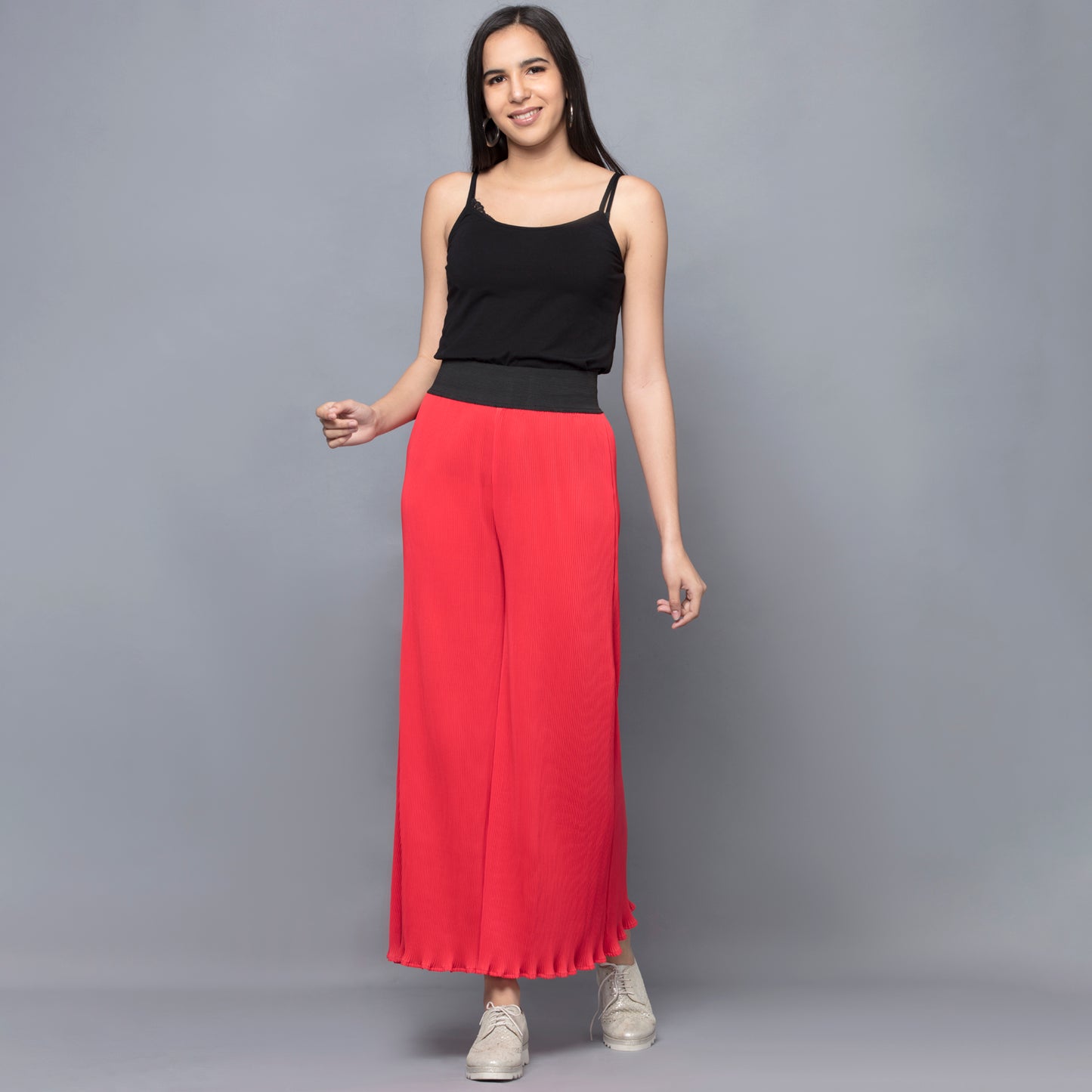 Red Wide Leg Crinkle Pleated Palazzo