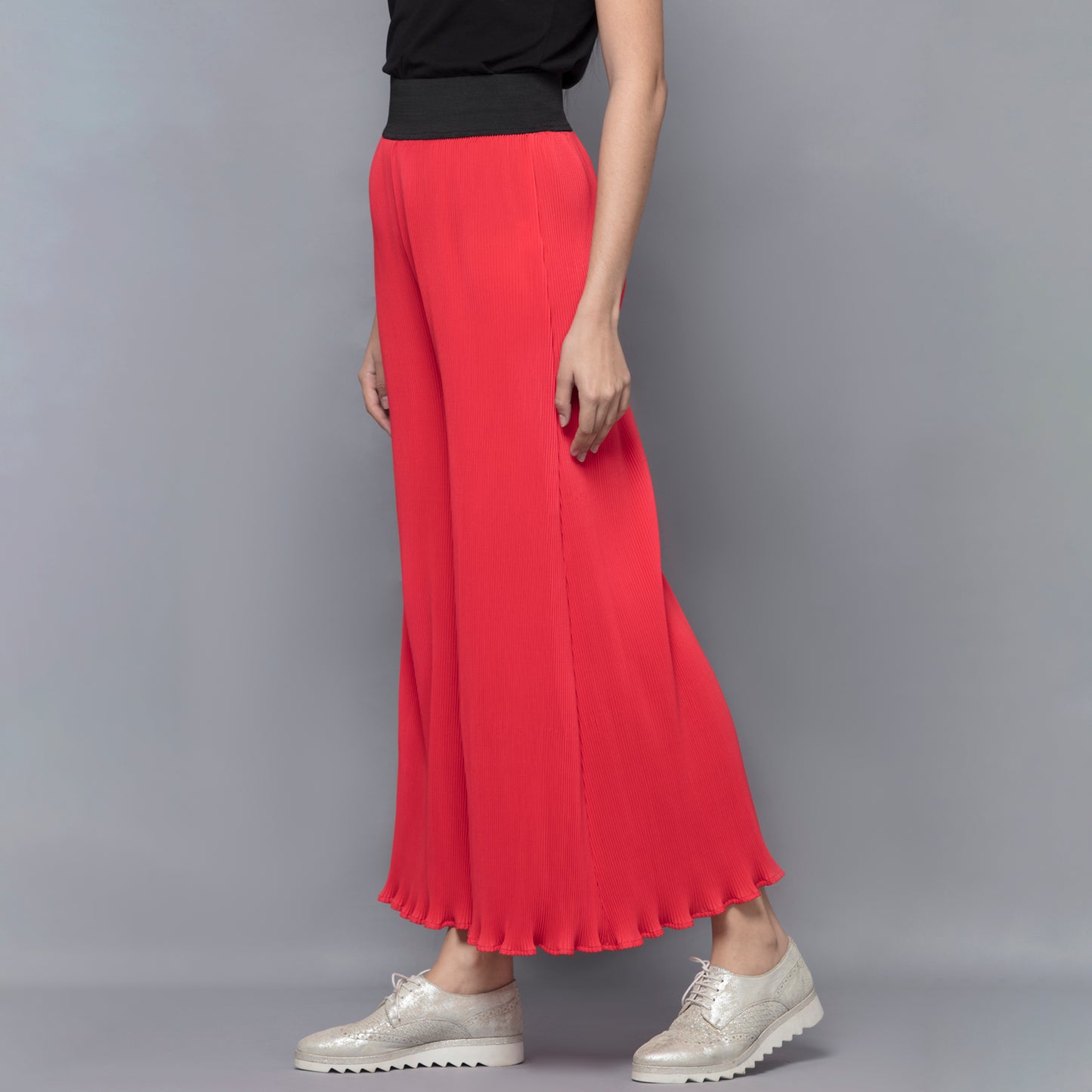 Red Wide Leg Crinkle Pleated Palazzo