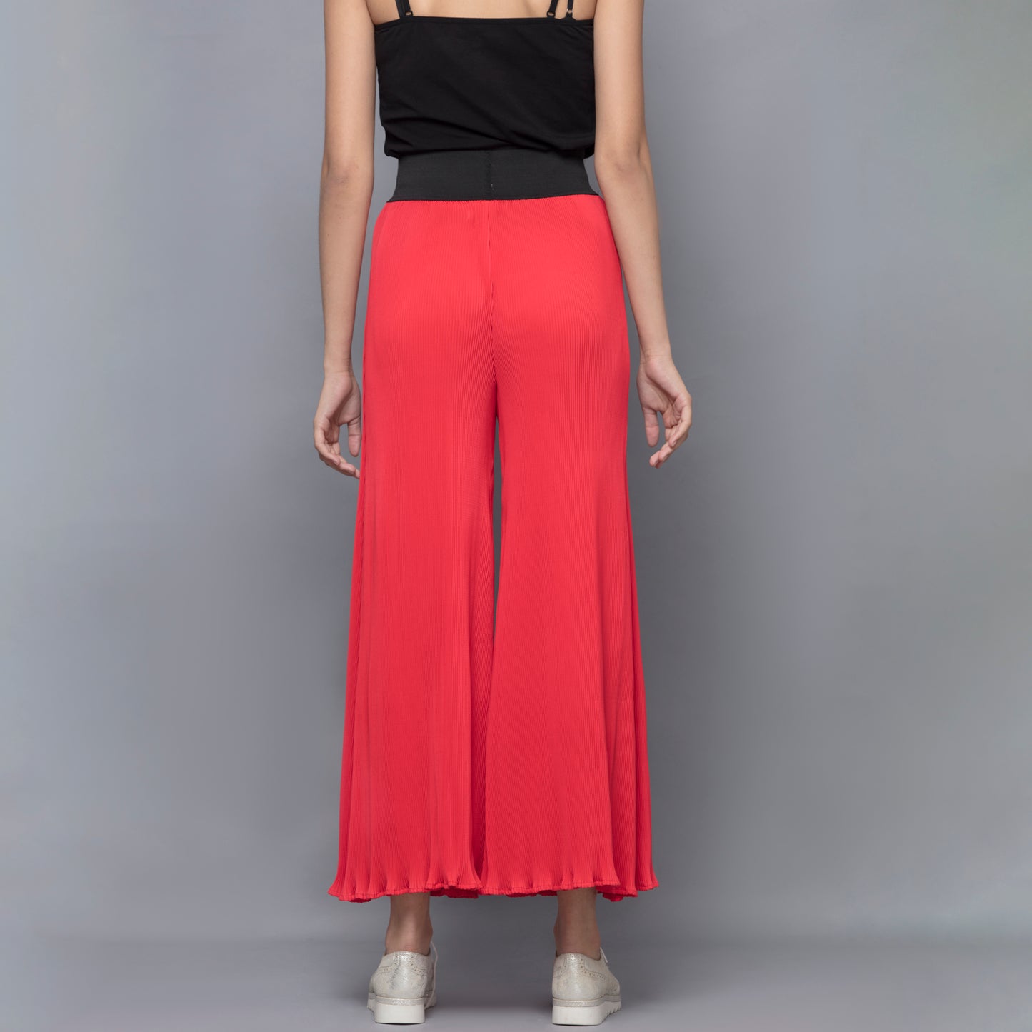Red Wide Leg Crinkle Pleated Palazzo