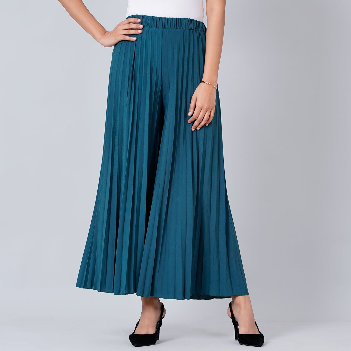 Teal Blue Wide Leg Pleated Palazzo