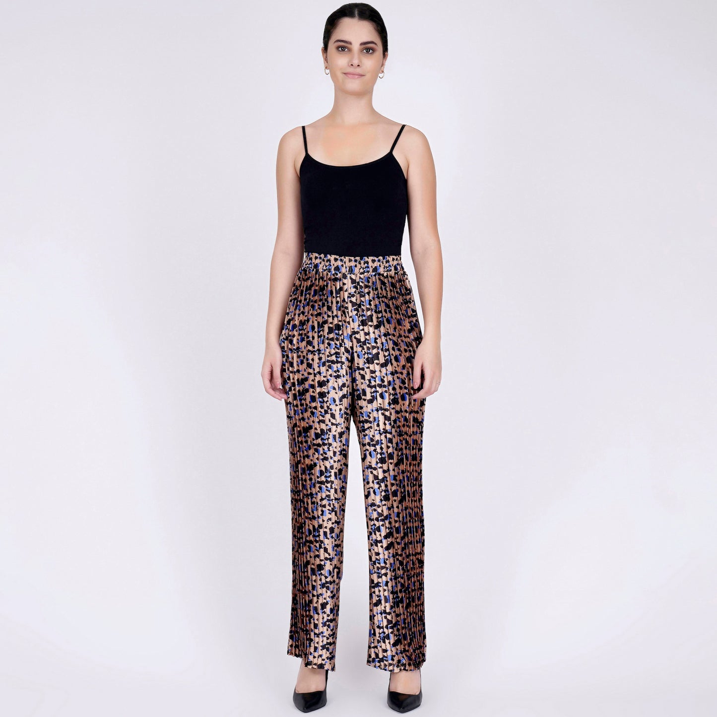 Beige Animal Print Knife Pleated Palazzo