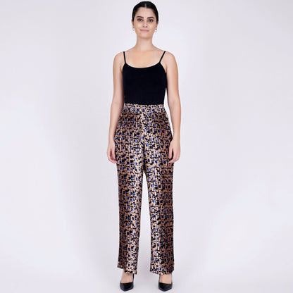 Beige Animal Print Knife Pleated Palazzo