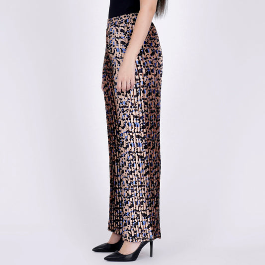 Beige Animal Print Knife Pleated Palazzo