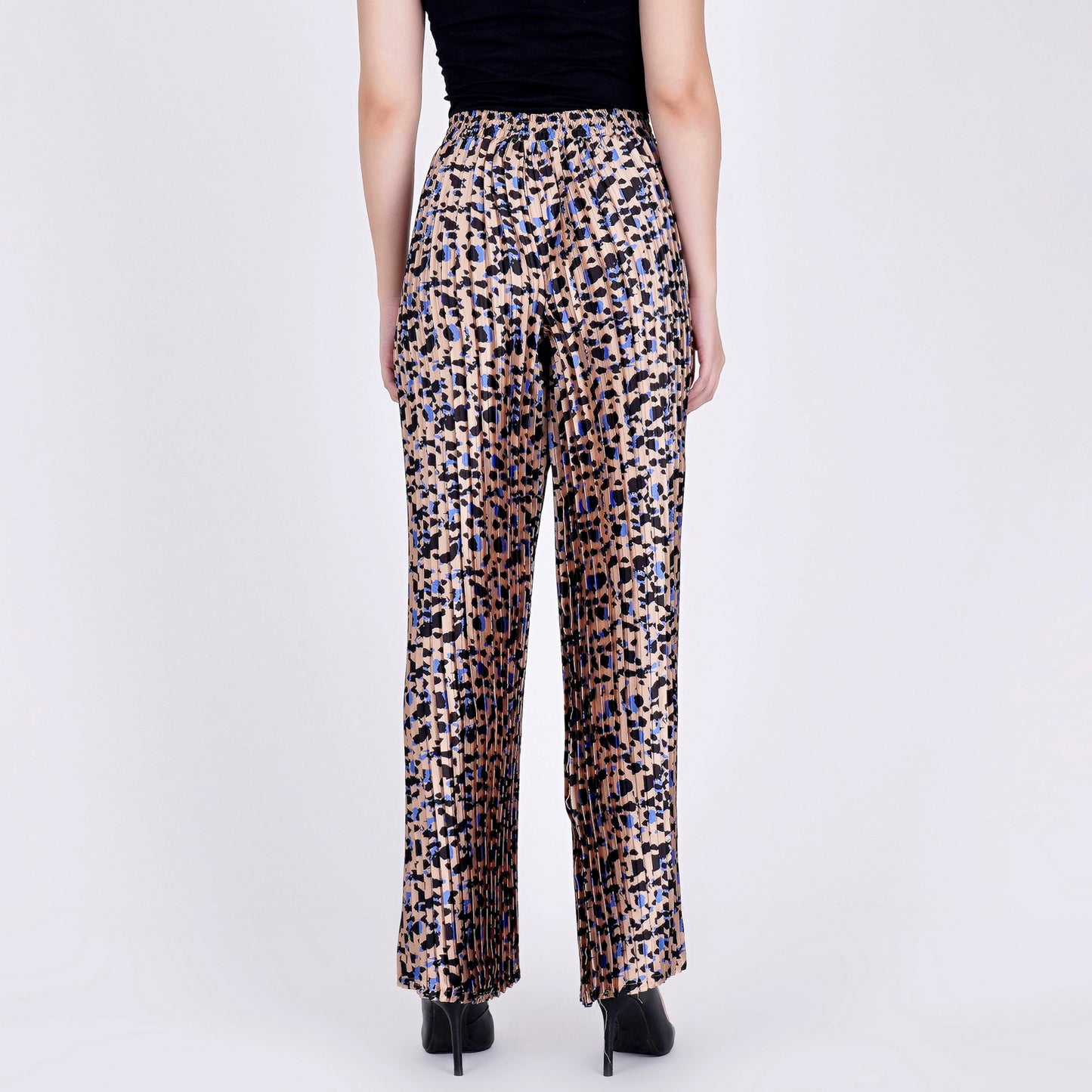 Beige Animal Print Knife Pleated Palazzo