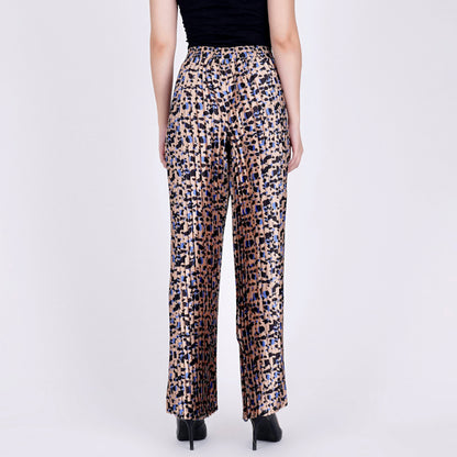 Beige Animal Print Knife Pleated Palazzo
