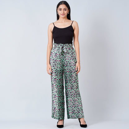 Green Animal Print Knife Pleated Palazzo