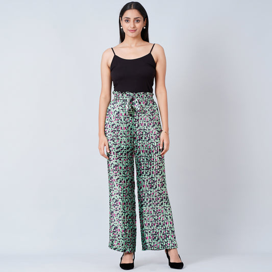 Green Animal Print Knife Pleated Palazzo