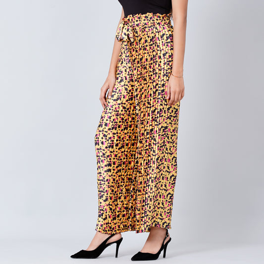 Yellow Animal Print Knife Pleated Palazzo