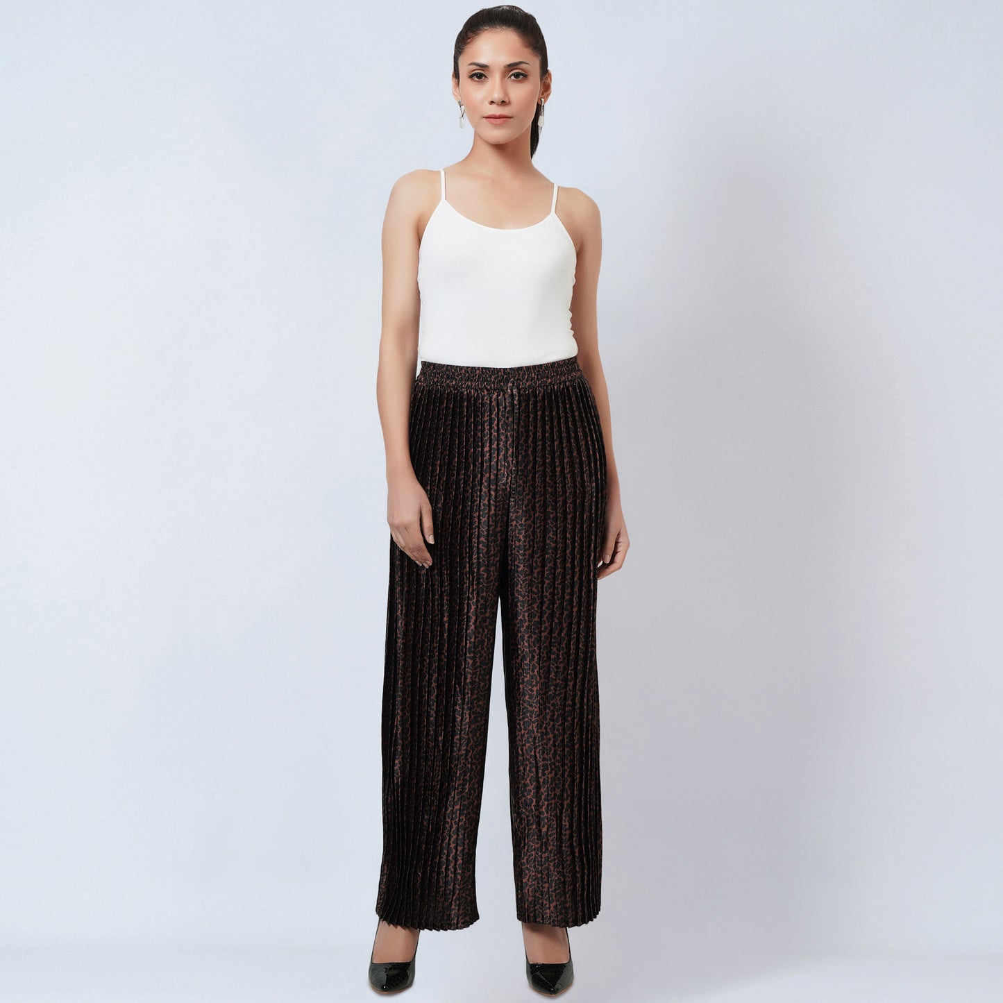 Brown Animal Print Pleated Palazzo
