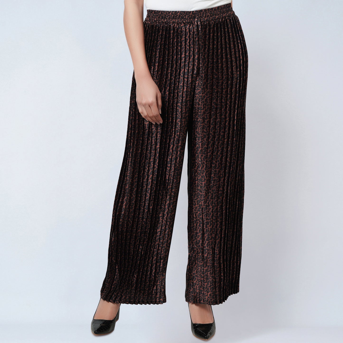 Brown Animal Print Pleated Palazzo