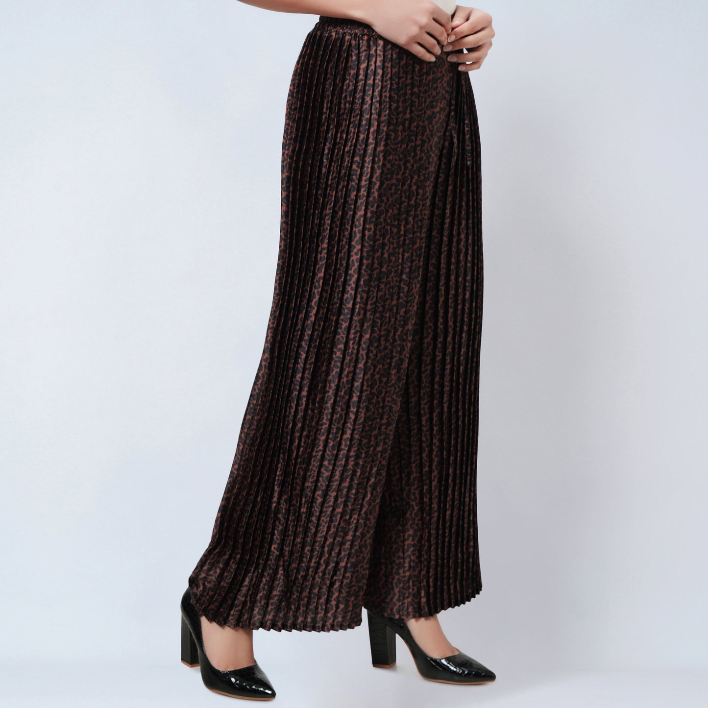 Brown Animal Print Pleated Palazzo