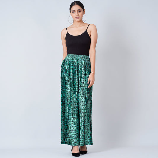 Green Animal Print Pleated Palazzo