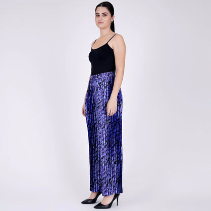 Blue Camouflage Print Knife Pleated Palazzo