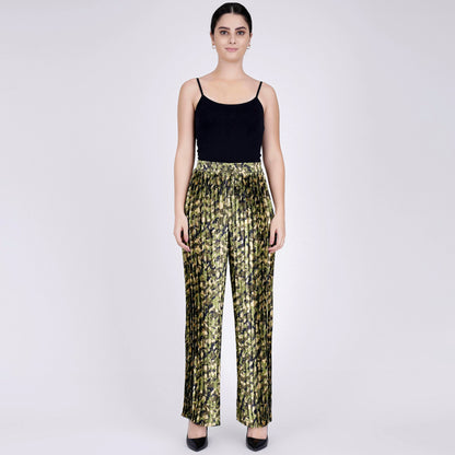 Forest Green Camouflage Print Knife Pleated Palazzo