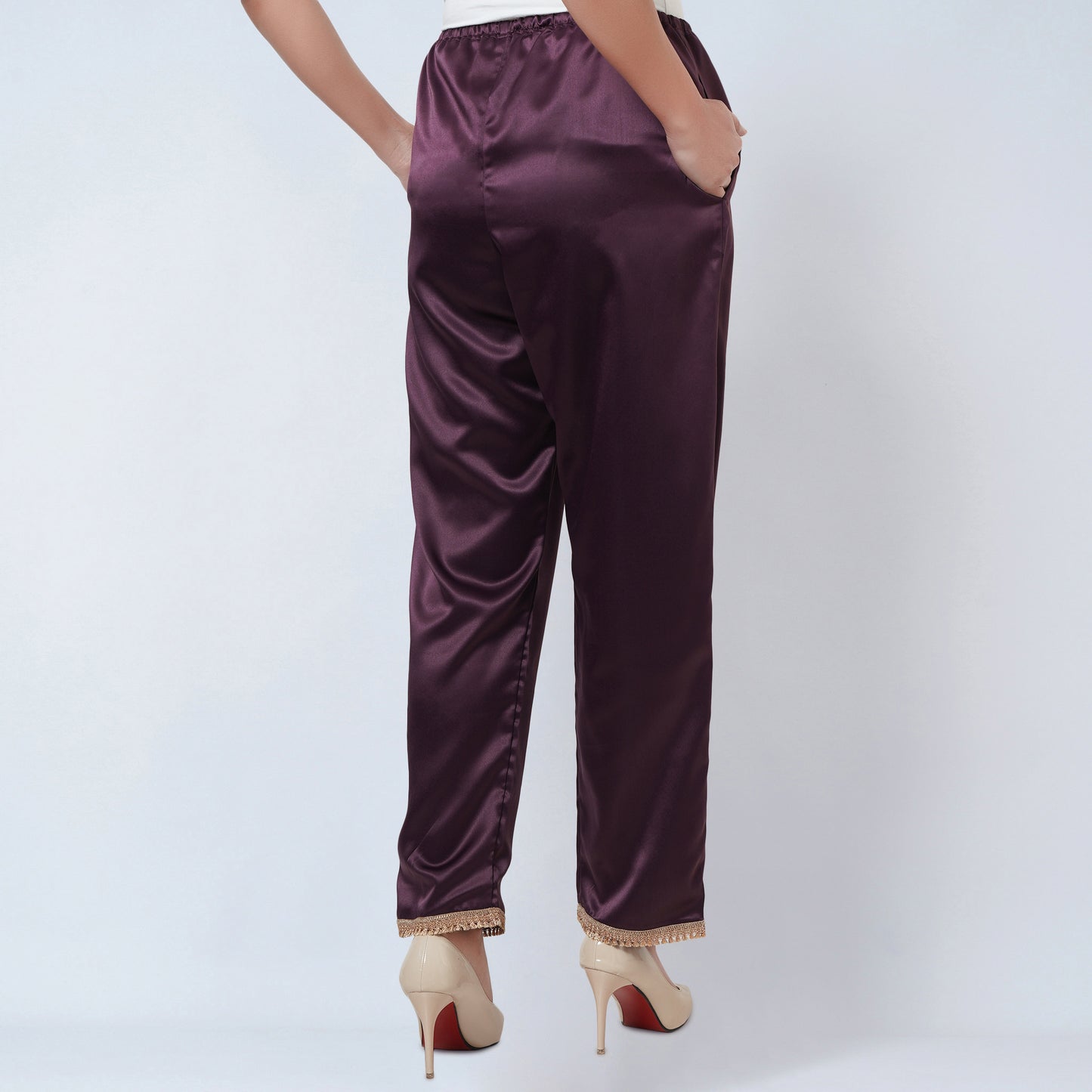 Purple Satin Straight Pants with Lace