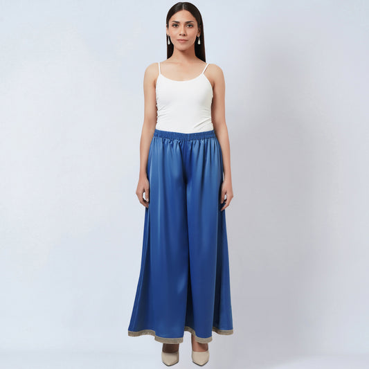 Azure Blue Wide Leg Pants with Lace