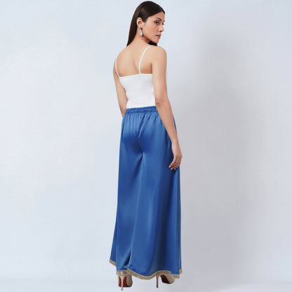 Azure Blue Wide Leg Pants with Lace