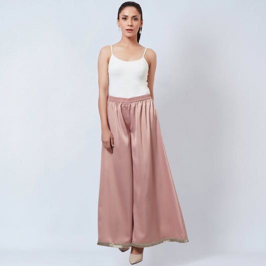 Powder Pink Wide Leg Pants with Lace