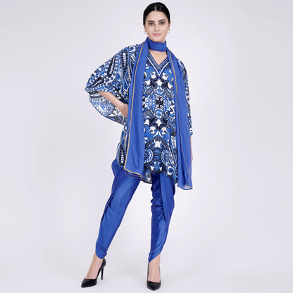 Azure Blue and White Paisley Tunic with Tulip Pants and Dupatta Set